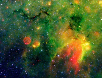 Spitzer Space Telescope infrared image of a snake and surrounding stormy environment